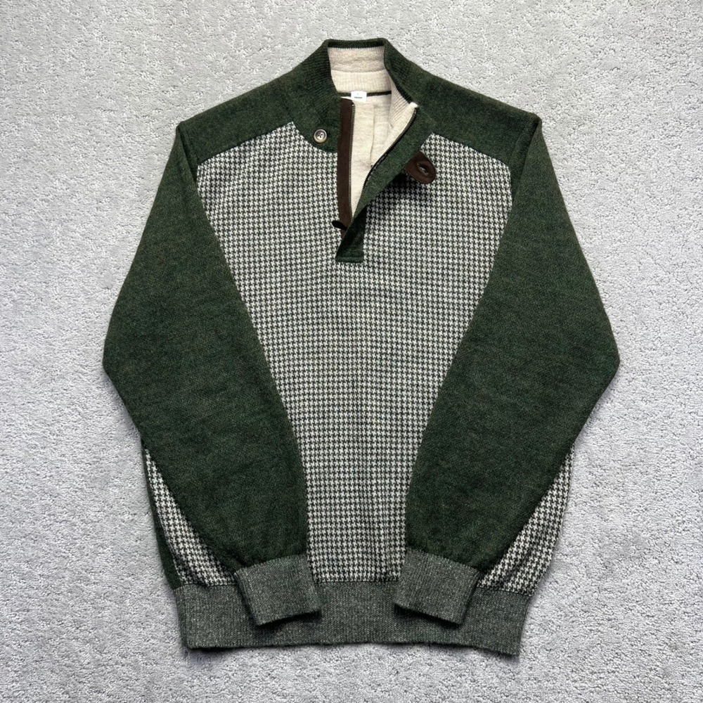 MFK Knits Sweater Mens L Green Cream 100% Baby Alpaca Houndstooth Quarter Zip